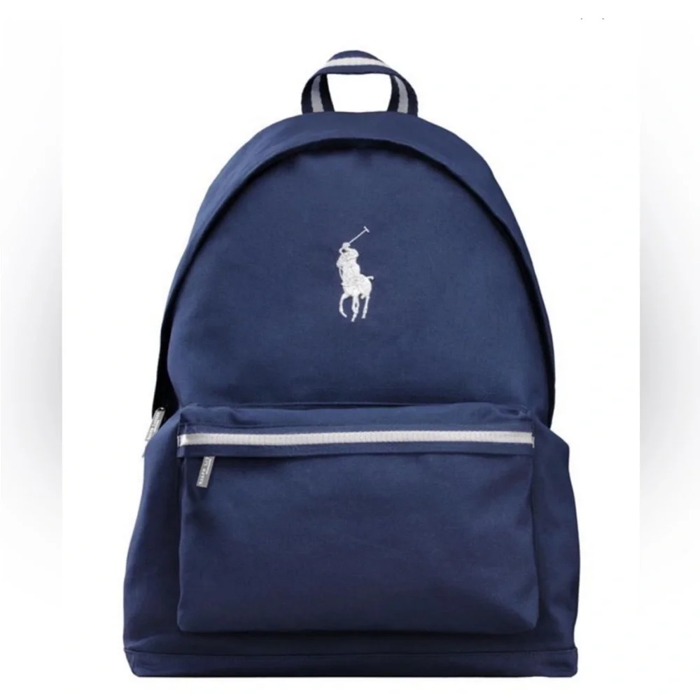 Ralph Lauren the world of polo navy Backpack with White Polo Logo and Stripe